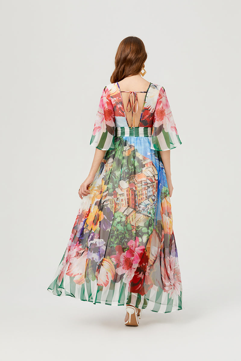 Scenic Landscape Floral Print Bell Sleeve Banded Waist Chiffon Maxi Dress 5