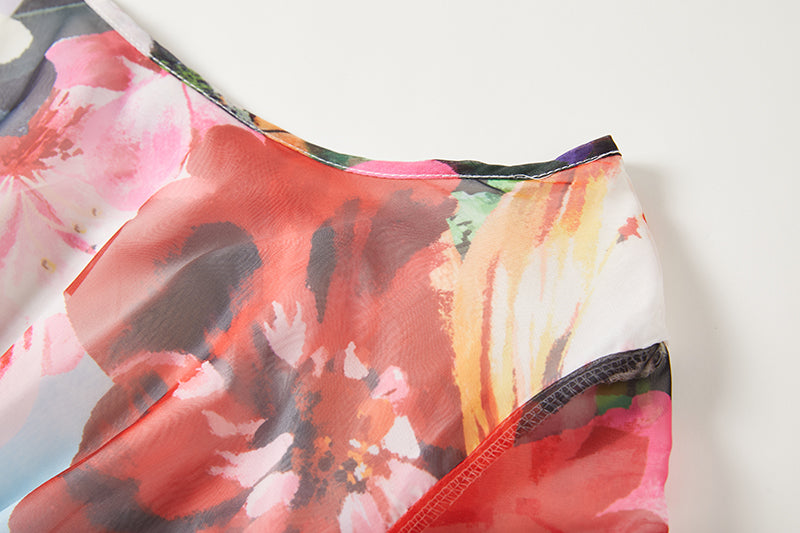 Scenic Landscape Floral Print Bell Sleeve Banded Waist Chiffon Maxi Dress 8