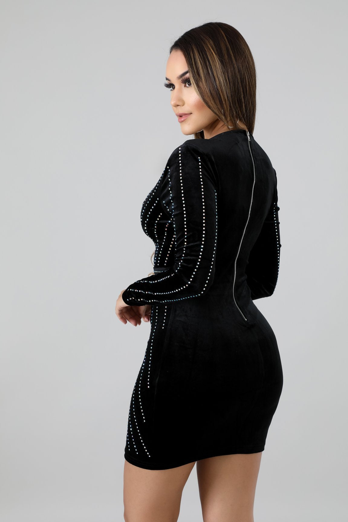 Studded Velvet Wrap Surplice Long Sleeve Bodycon Mini Dress 24