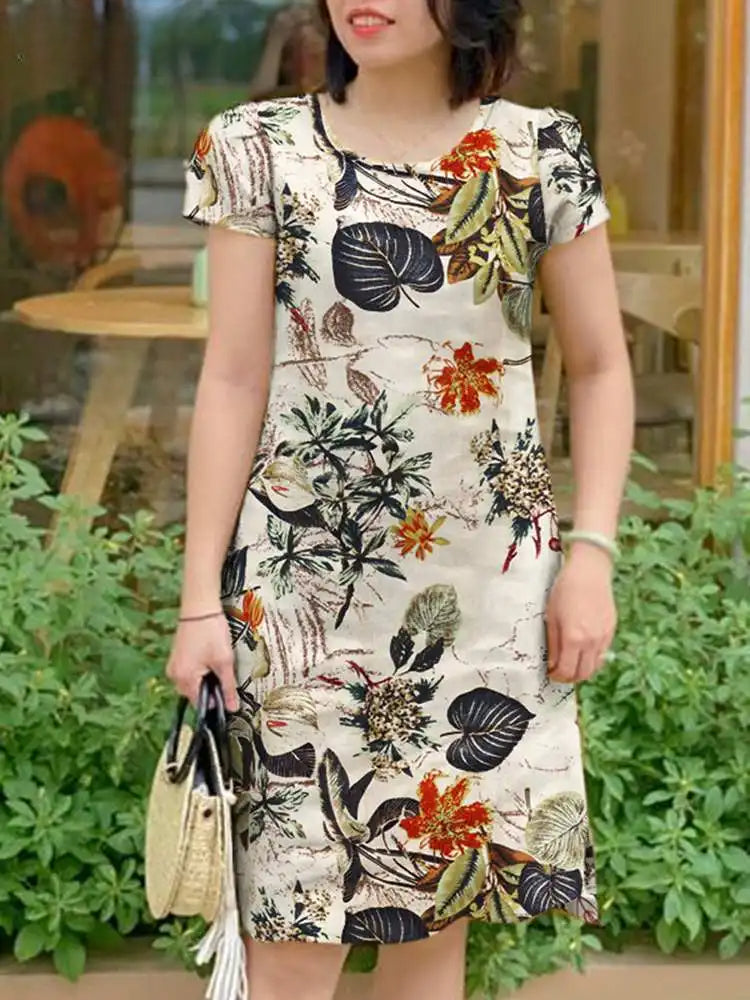 Floral Round Neck Short Sleeve Shift Midi Dress