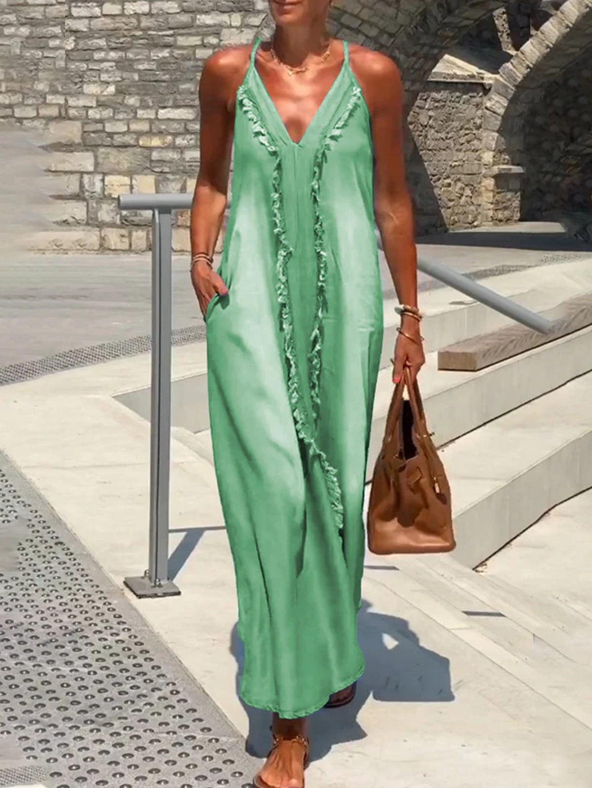 Deep V Neck Spaghetti Strap Frayed Trim Side Pocket Maxi Dress 2