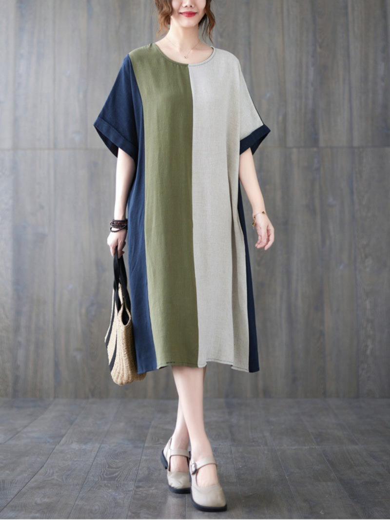 Round Neck Short Sleeve Color Block Panel Linen Midi Dress 5
