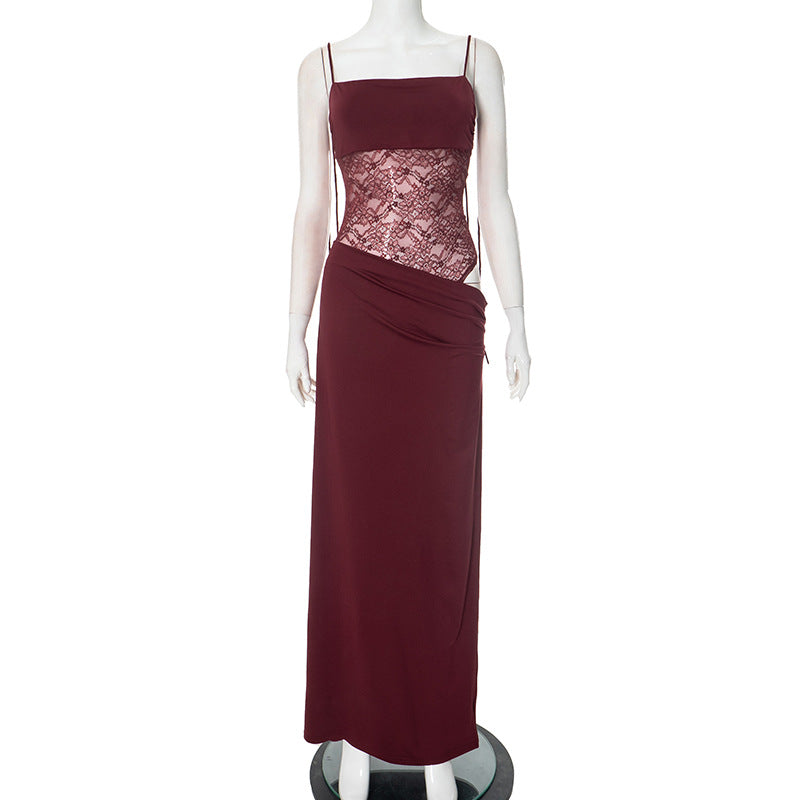 Spaghetti Strap Square Neck Lace Waist Panel Bodycon Maxi Dress 11