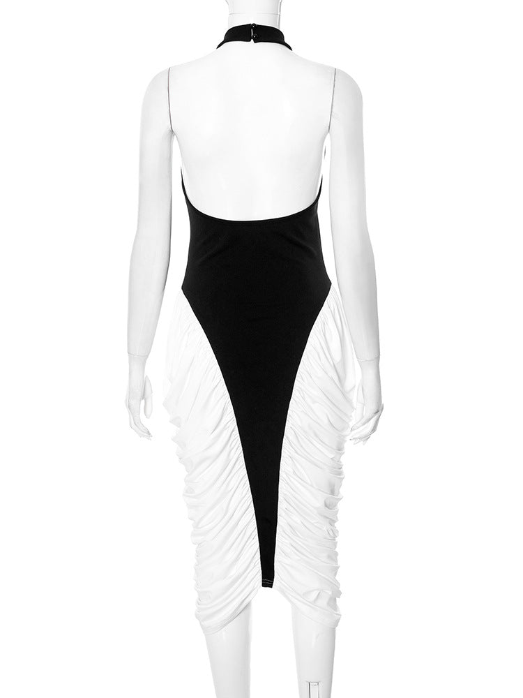 Halter Neck Contrast Panel Ruched Side Drape Midi Dress 12