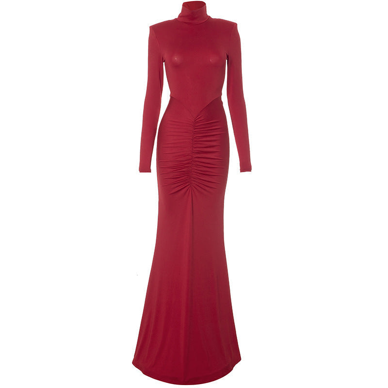 Mock Neck Long Sleeve Front Hip Knot Draped Pleated Maxi Dress 12