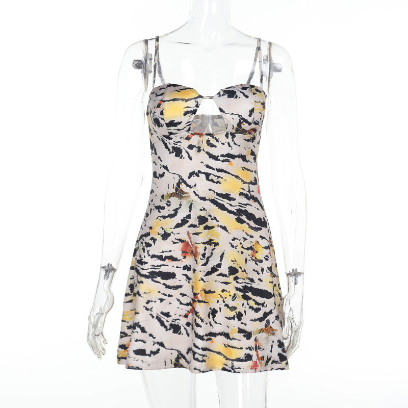 Sweetheart Keyhole Spaghetti Strap Abstract Brushstroke Mini Dress 12
