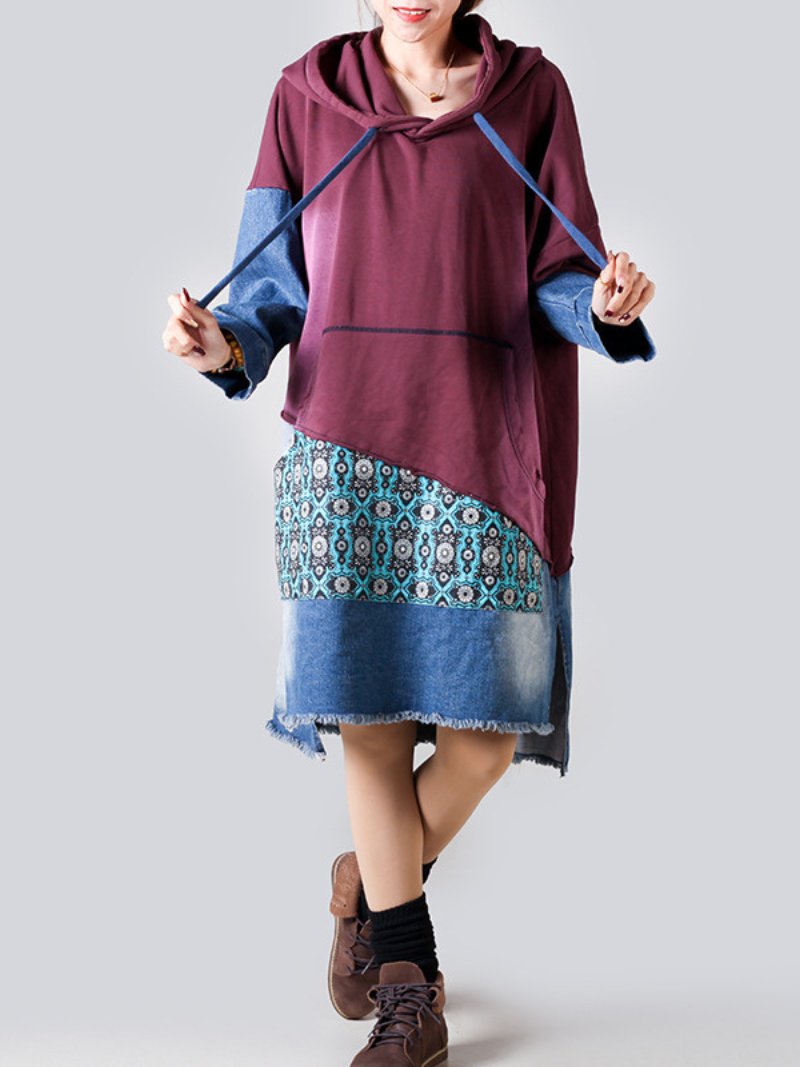 Hooded Long Sleeve Patchwork Denim Jersey Mixed Media High Low Midi Dress 5