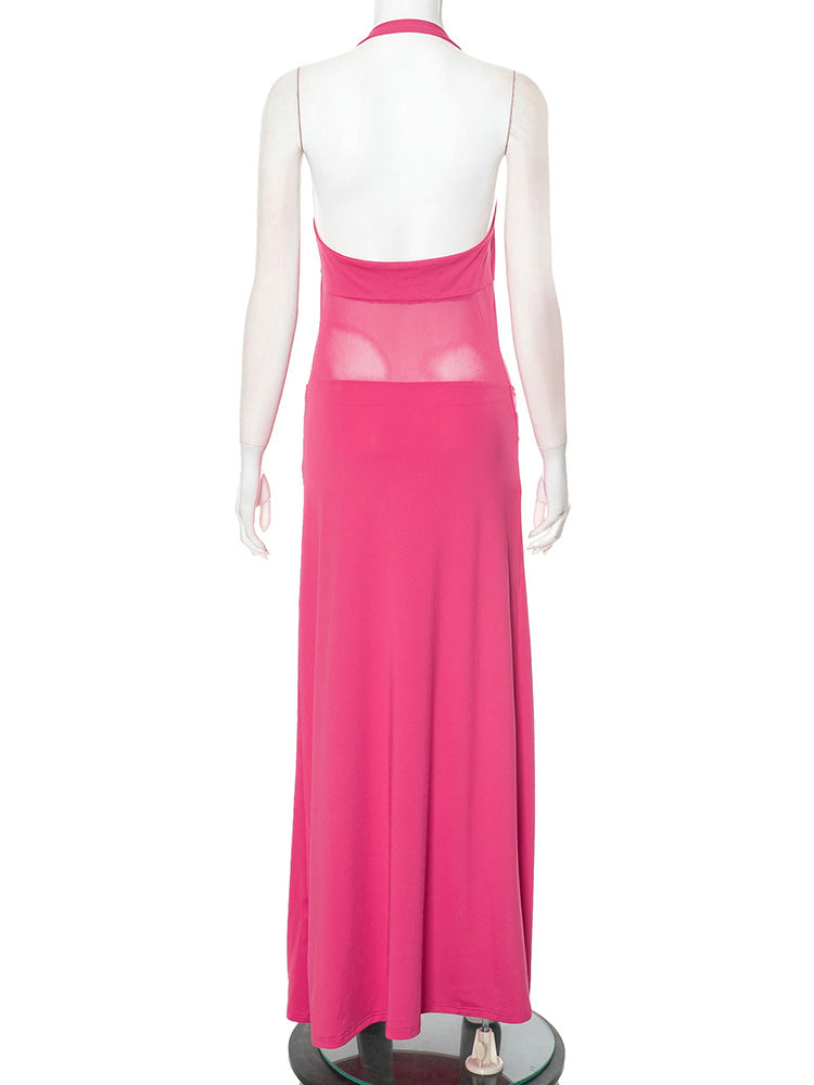 Halter Mesh Panel Midriff Ruched Waist Column Maxi Gown 12