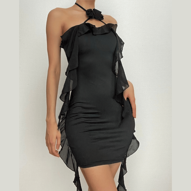 Halter Rosette Choker Side Ruffle Trim Bodycon Mini Dress