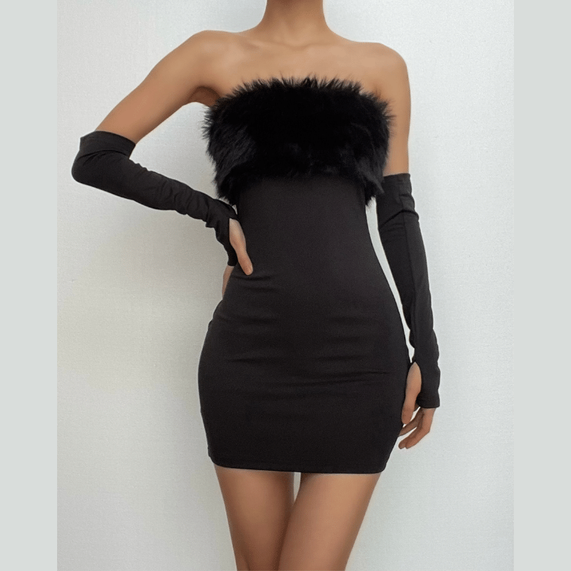 Faux Fur Trim Strapless Tube Mini Dress with Arm Warmers