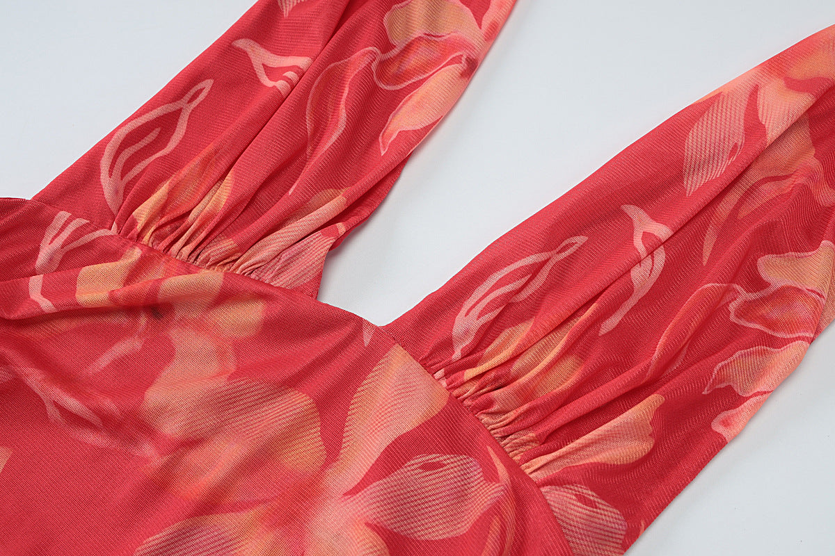 Halter Plunging V Neck Floral Ruched Ruffle Side Slit Maxi Set 12