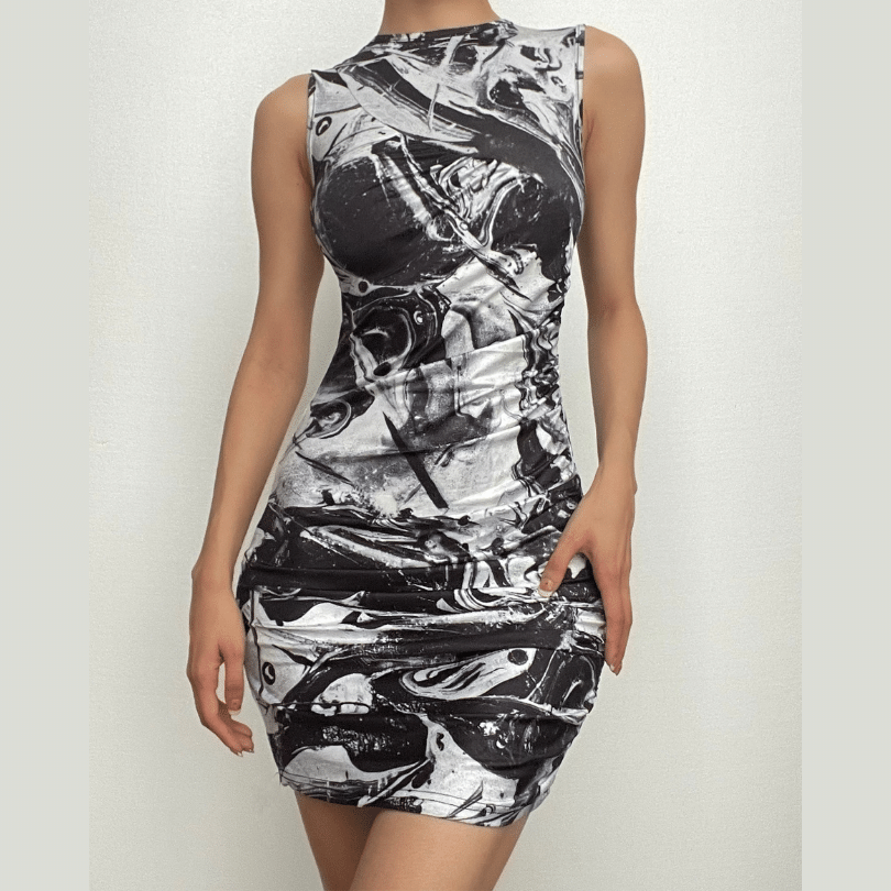 Marble Print Mock Neck Side Ruched Sleeveless Bodycon Mini Dress