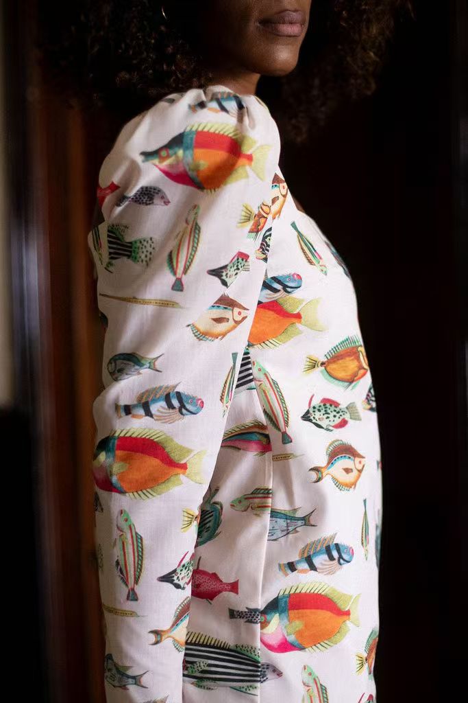 Fish Print Square Neck Puff Sleeve Bodycon Mini Dress 2