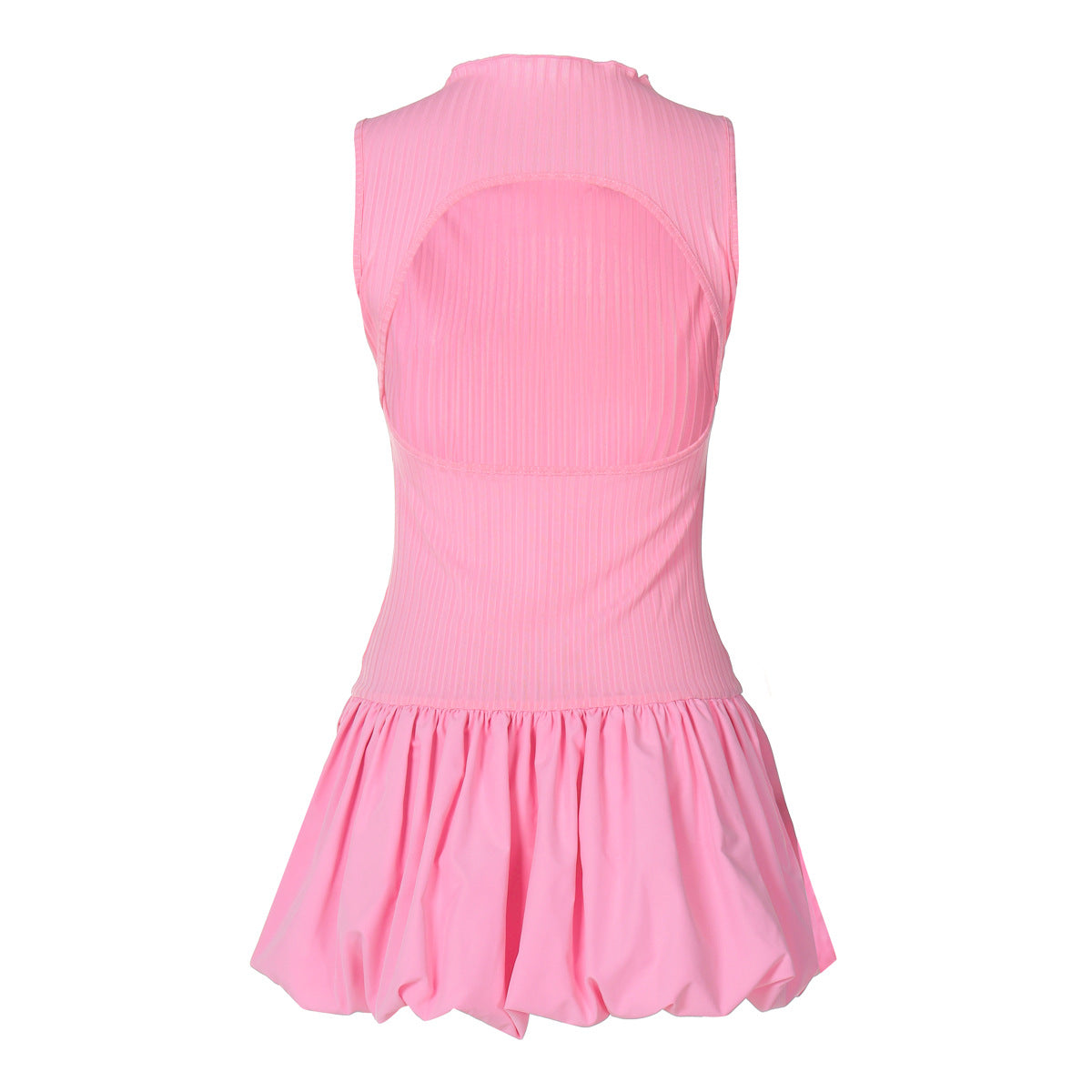 Mock Neck Sleeveless Ribbed Knit Drop Waist Bubble Hem Mini Dress 12
