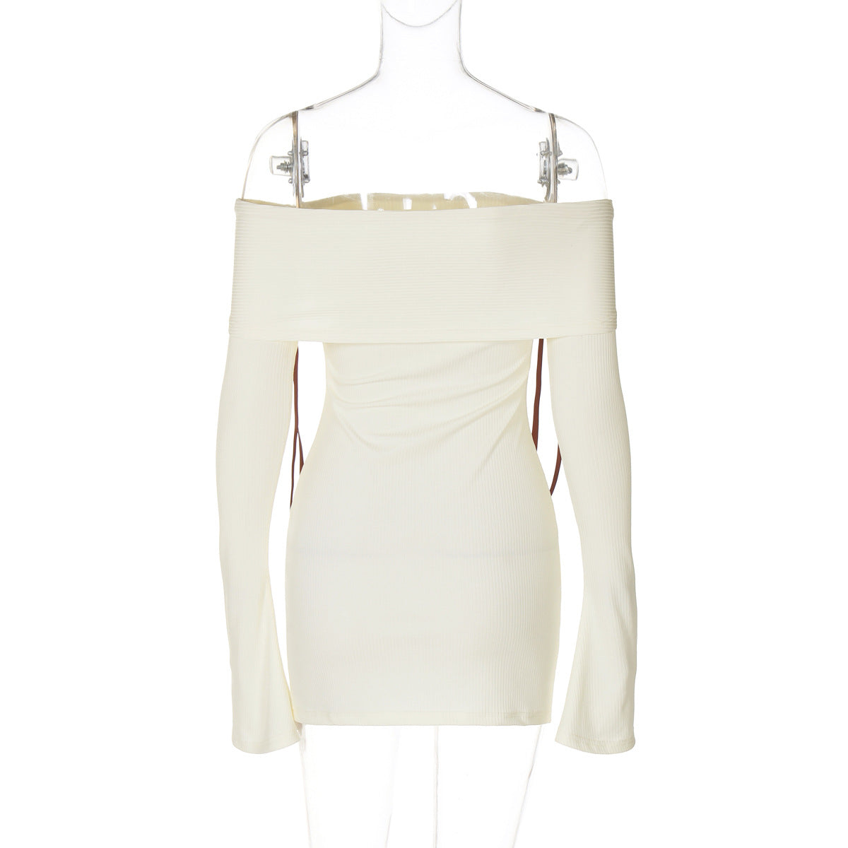 Off Shoulder Rib Knit Bell Sleeve Bow Shoulder Mini Dress 13
