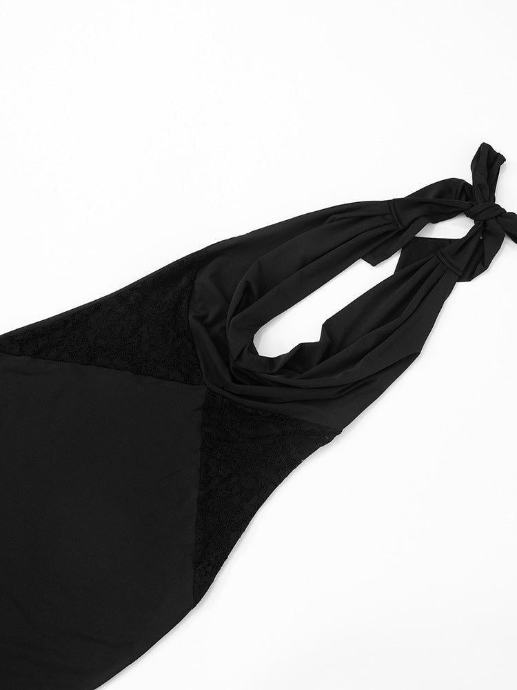 Plunging Halter Cowl Lace Side Panel Mermaid Maxi Gown 12