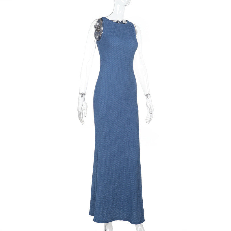 Sleeveless Crew Neck Crinkle Texture Bodycon Maxi Dress 12