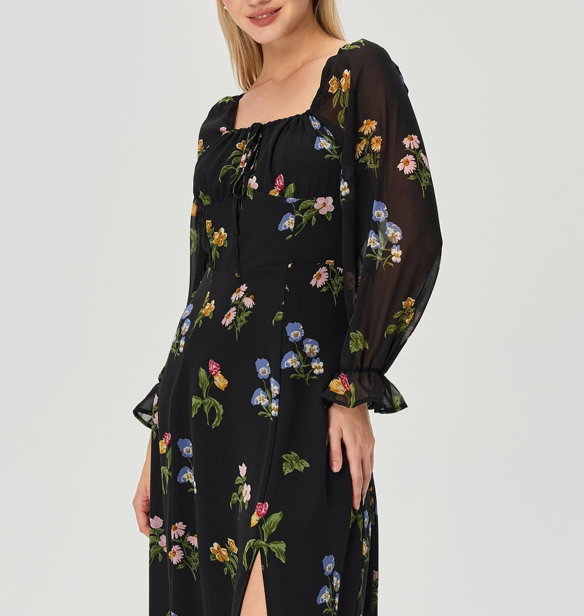 Square Neck Tie Front Ditsy Floral Sheer Sleeve High Slit Midi Dress