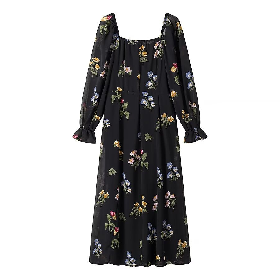 Square Neck Tie Front Ditsy Floral Sheer Sleeve High Slit Midi Dress 3