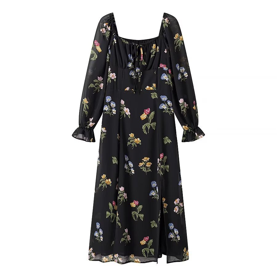 Square Neck Tie Front Ditsy Floral Sheer Sleeve High Slit Midi Dress 4