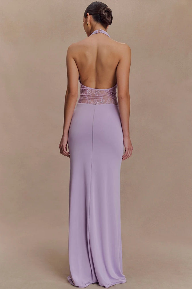 Halter Plunging V-Neck Lace Panel Ruched Drape Maxi Gown 6