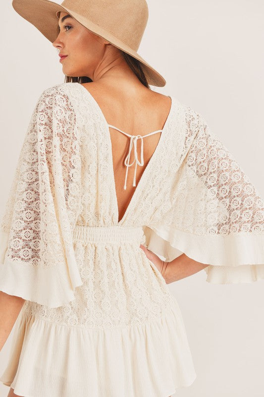 Deep V-Neck Lace Butterfly Sleeve Smocked Button Tiered Mini Dress 5