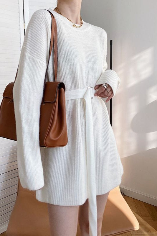 Rib Knit Belted Square Buckle Balloon Sleeve Sweater Mini Dress 11