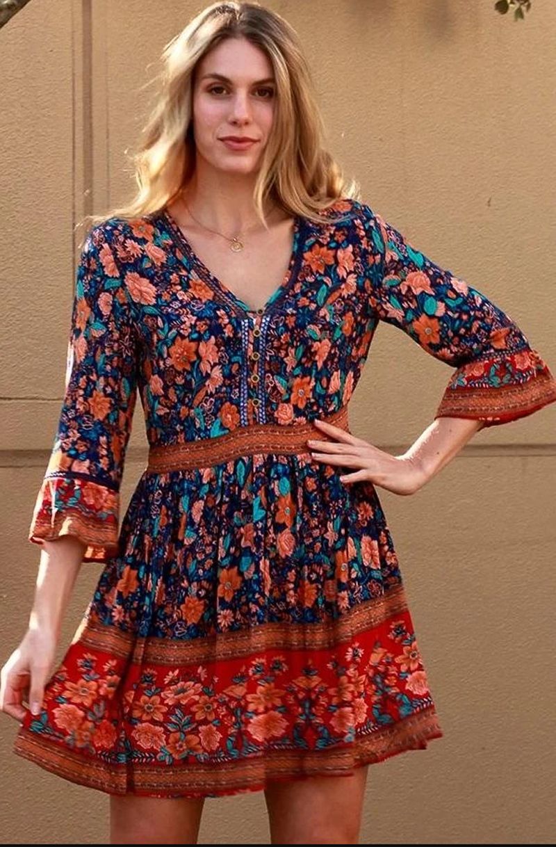 Collared Button Front Tassel Trim Geometric Print Shirt Dress 4