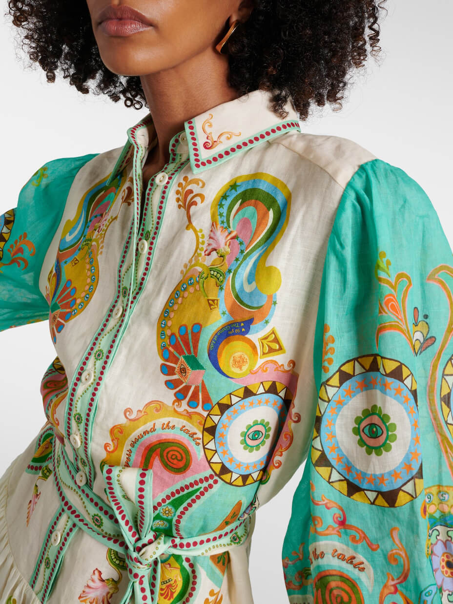 Ornamental Print Puff Sleeve Tie Waist Button Down Shirt Midi Dress 3