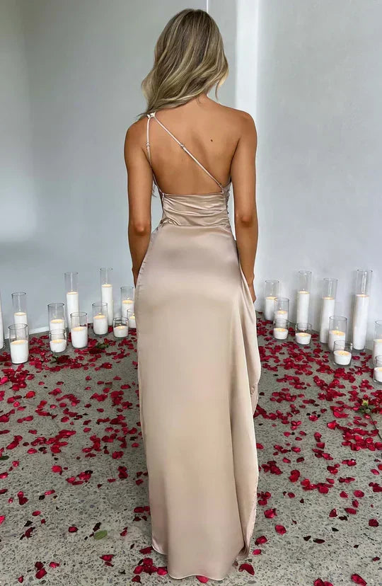 Satin One-Shoulder Ruched Bodice High Slit Column Maxi Gown 2