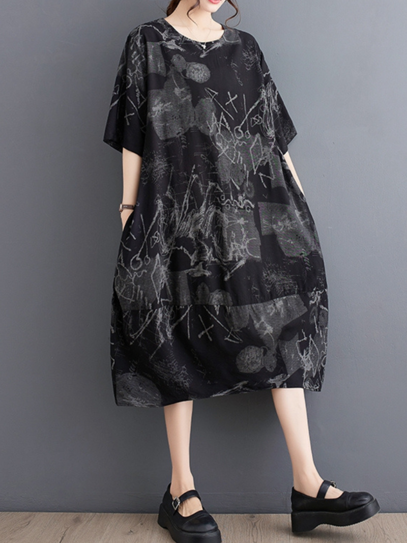 Round Neck Short Sleeve Graffiti Print Oversized Midi Dress 5