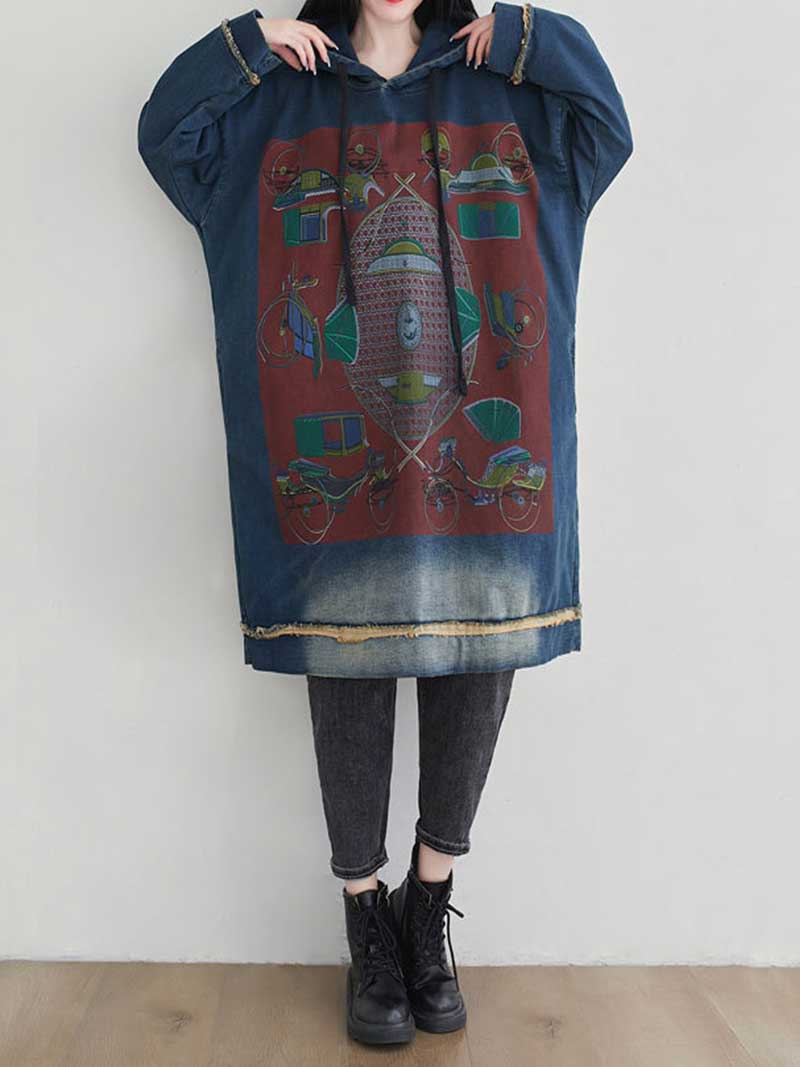 Hooded Drawstring Frayed Hem Graphic Print Oversized Sweatshirt Midi Dress 3
