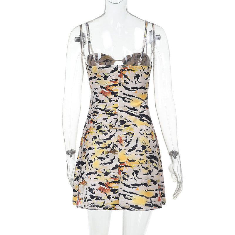 Sweetheart Keyhole Spaghetti Strap Abstract Brushstroke Mini Dress 13