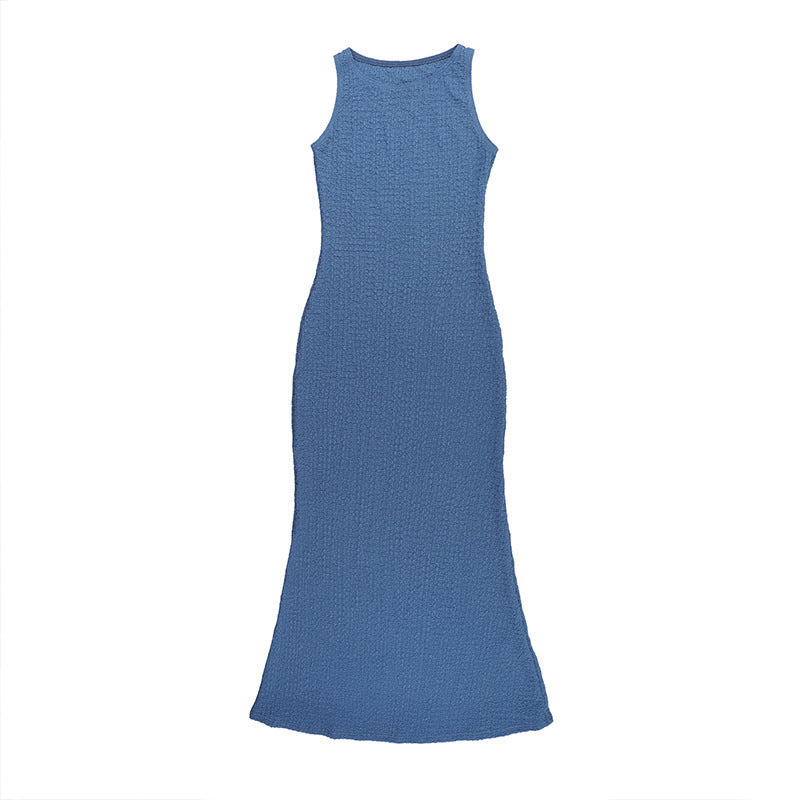 Sleeveless Crew Neck Crinkle Texture Bodycon Maxi Dress 13