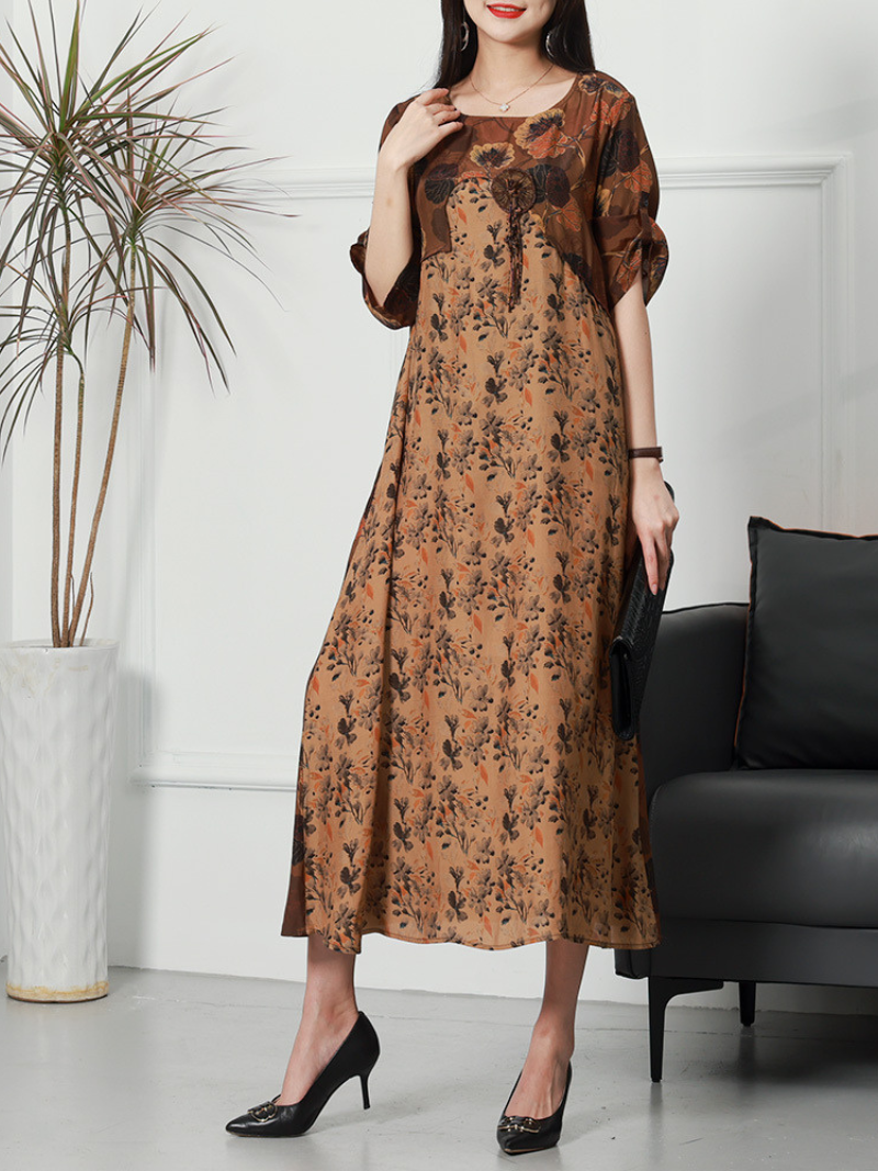 Round Neck Three Quarter Sleeve Floral Print Relaxed Midi Dress 5