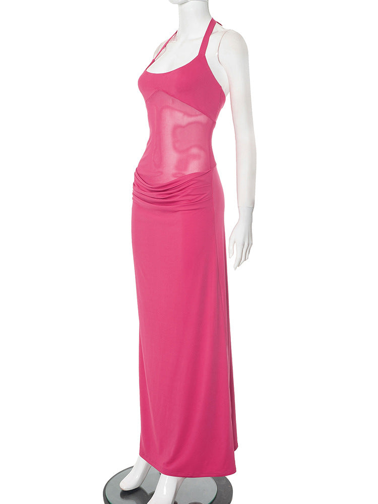 Halter Mesh Panel Midriff Ruched Waist Column Maxi Gown 13