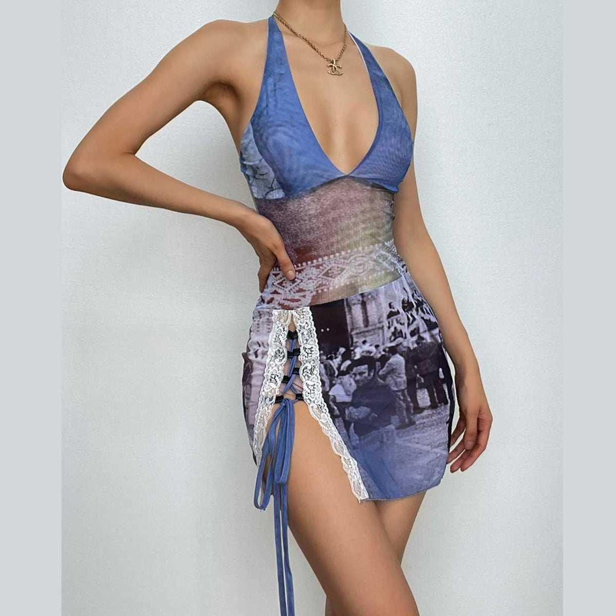 Collage Print Halter V Neck Lace Up Slit Mesh Bodycon Mini Dress