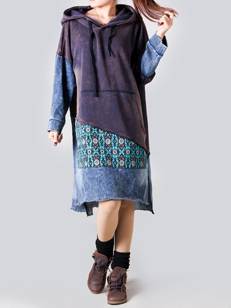Hooded Long Sleeve Patchwork Denim Jersey Mixed Media High Low Midi Dress 6