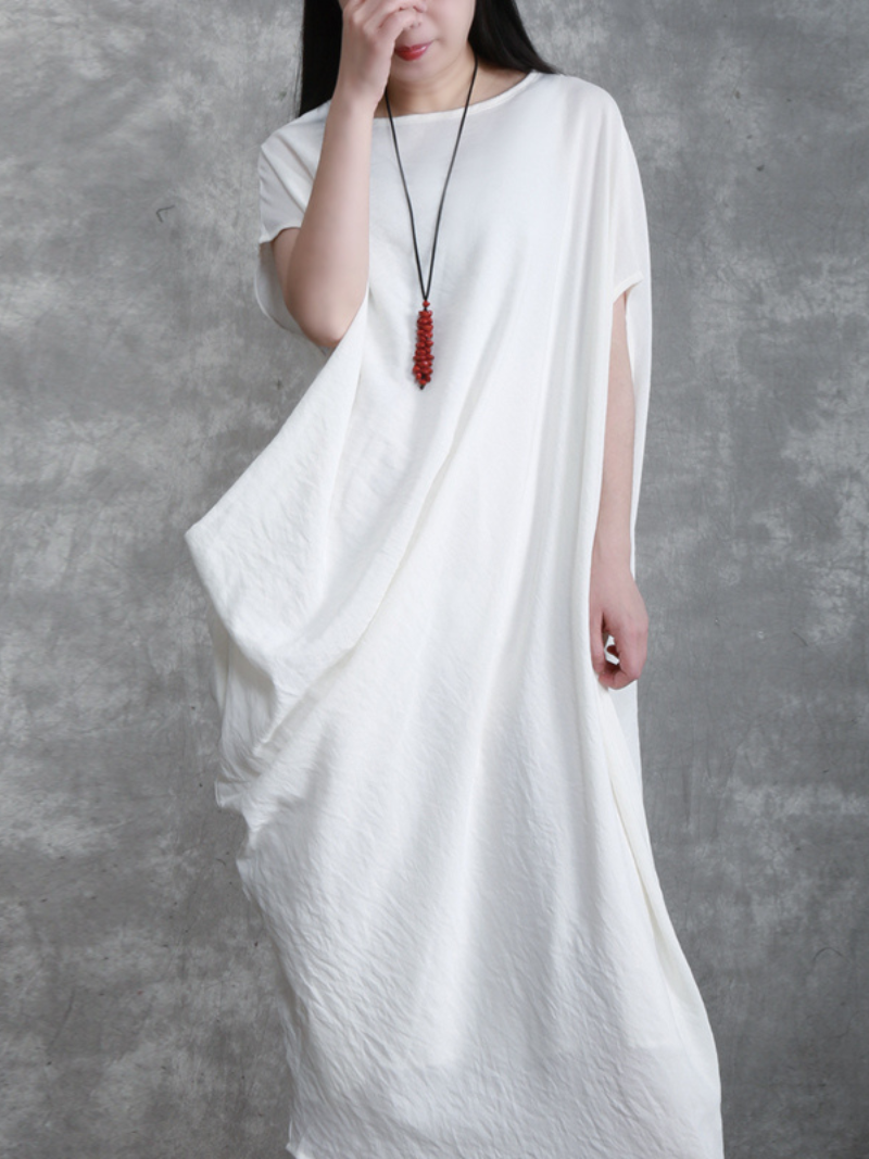 Round Neck Drop Shoulder Asymmetric Draped Loose Bat Sleeve Maxi Dress