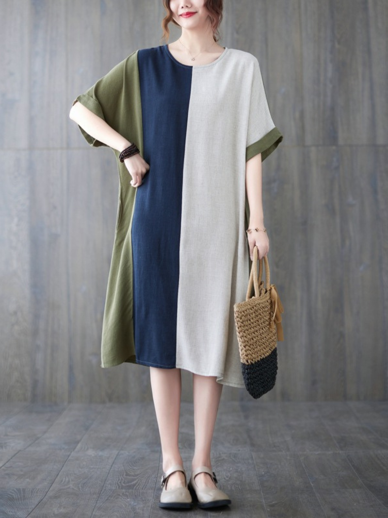 Round Neck Short Sleeve Color Block Panel Linen Midi Dress 7