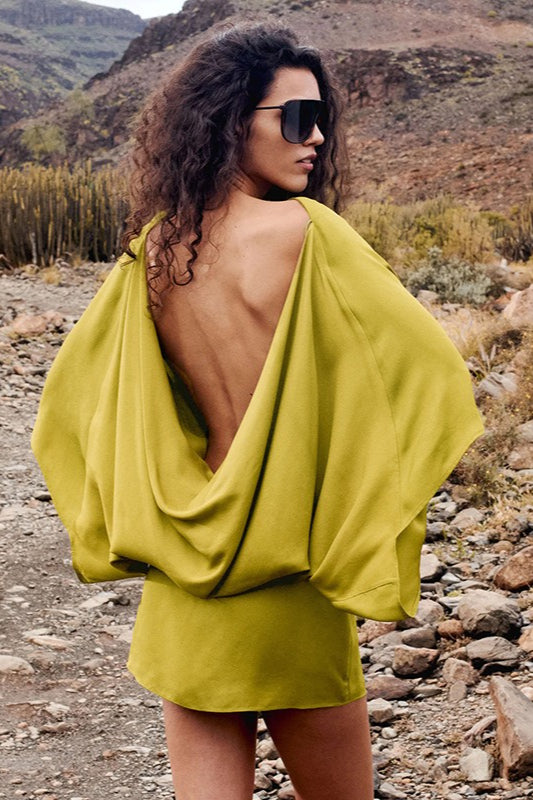 Deep Back Cowl Neck Draped Wing Sleeve Loose Mini Dress