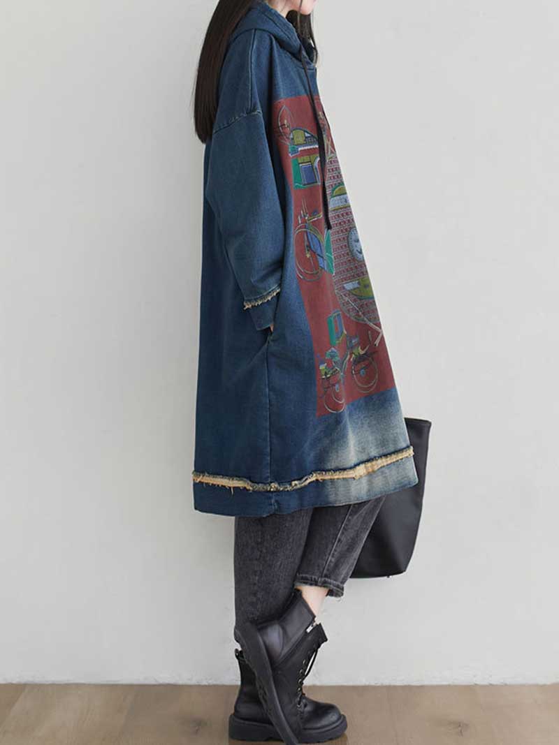 Hooded Drawstring Frayed Hem Graphic Print Oversized Sweatshirt Midi Dress 13