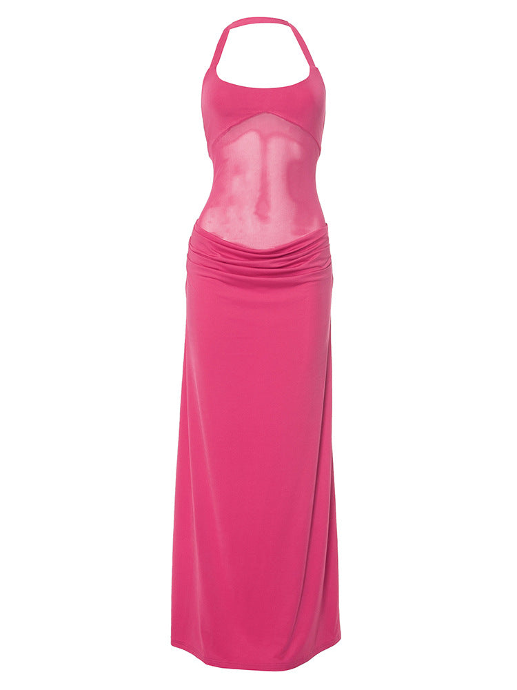 Halter Mesh Panel Midriff Ruched Waist Column Maxi Gown 14