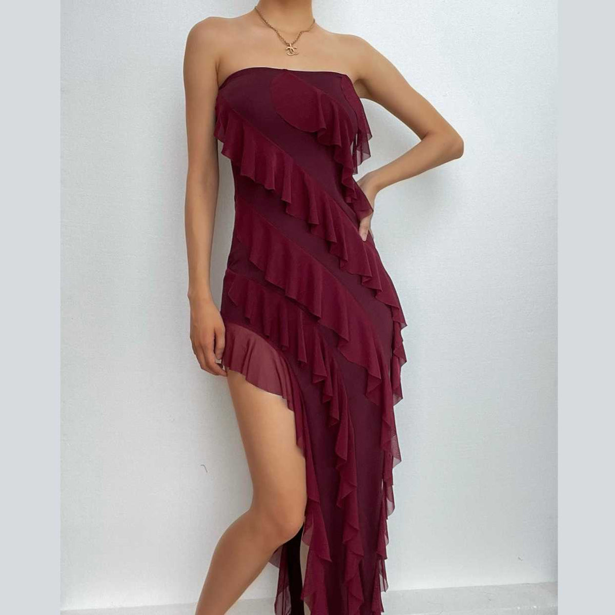 Strapless Tube Diagonal Ruffle Tier High Low Slit Maxi Dress
