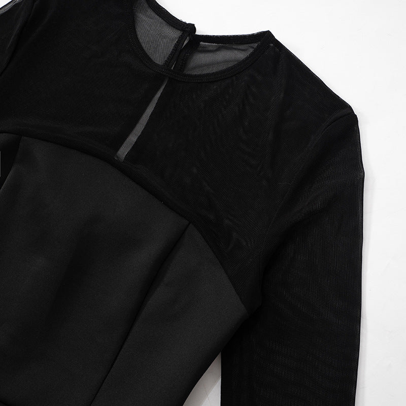 Mock Neck Mesh Yoke Long Sleeve Flared Mini Dress 13