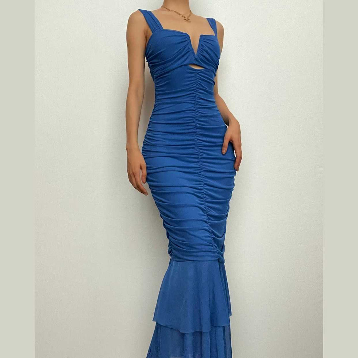 Wide Strap Cutout Bust Ruched Bodice Tiered Mesh Ruffle Hem Maxi Dress 2