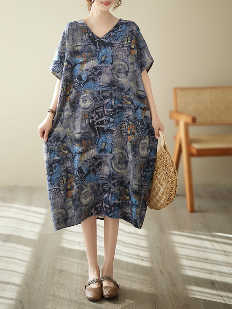 V Neck Short Sleeve Abstract Graphic Print Linen Midi Dress 3
