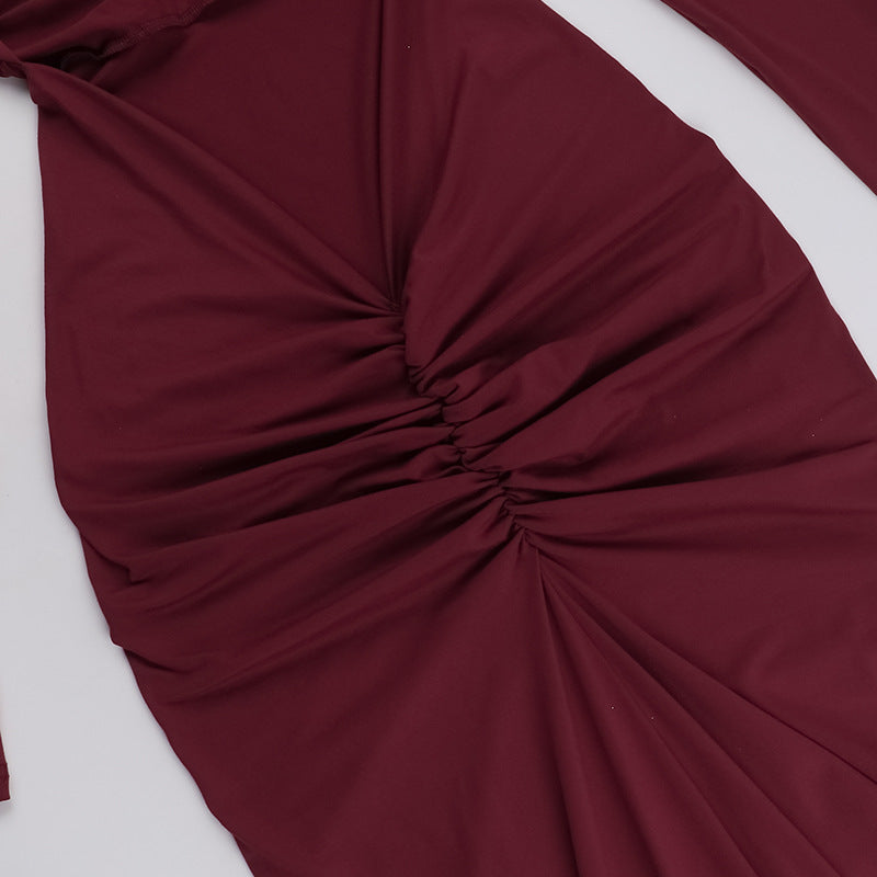 Long Sleeve Deep Open Back Ruched Column Maxi Gown 14