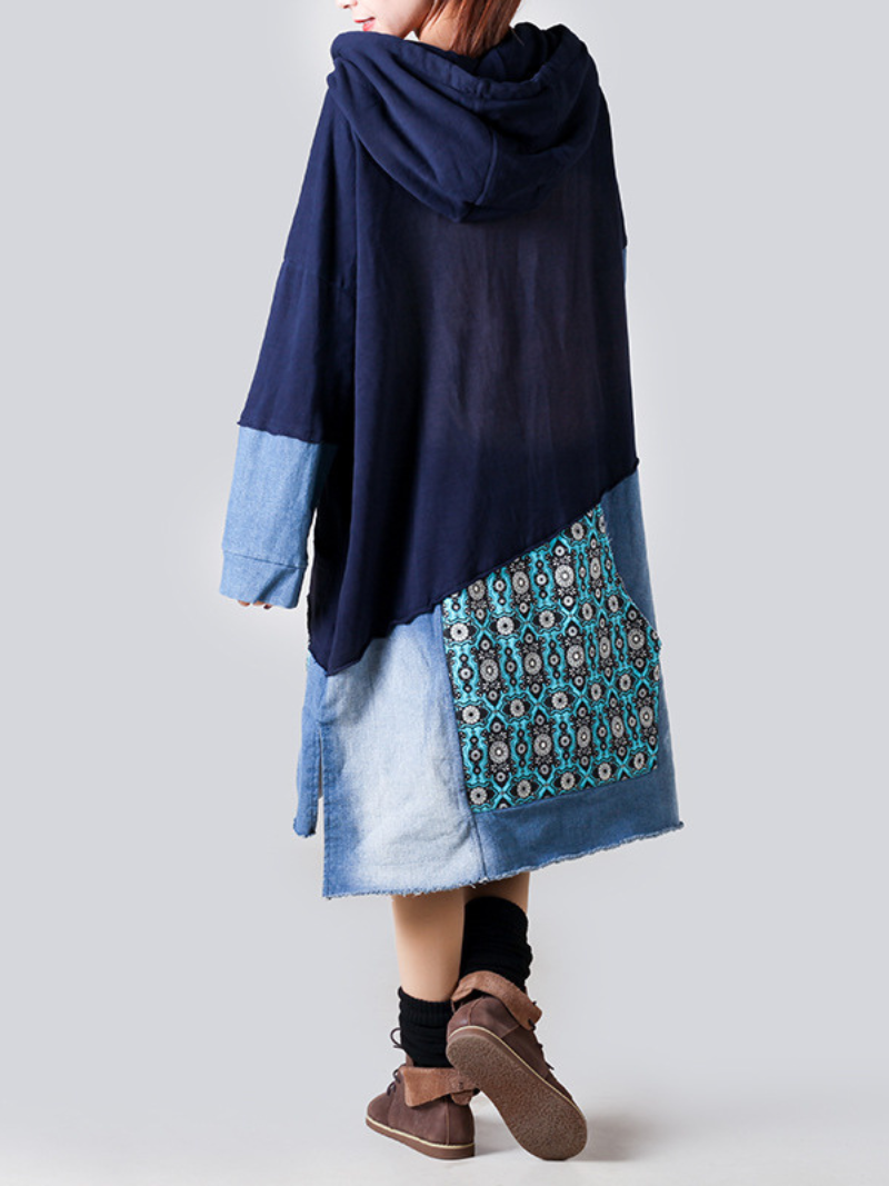 Hooded Long Sleeve Patchwork Denim Jersey Mixed Media High Low Midi Dress 7