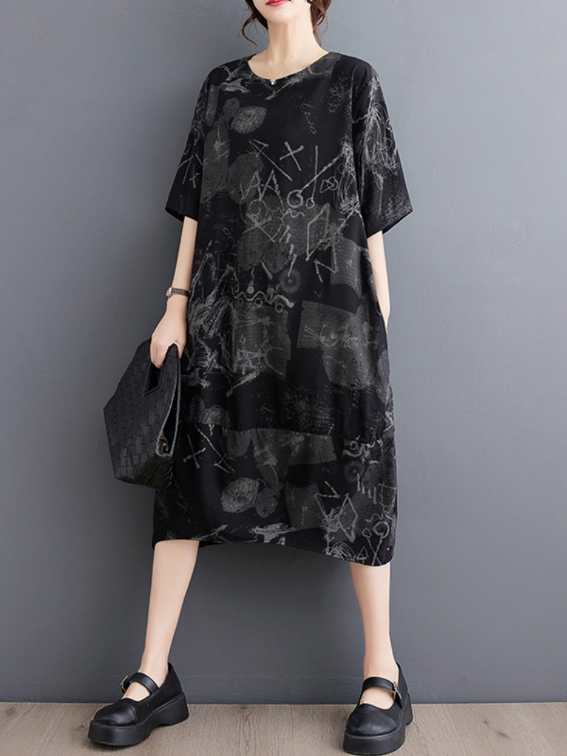 Round Neck Short Sleeve Graffiti Print Oversized Midi Dress 6